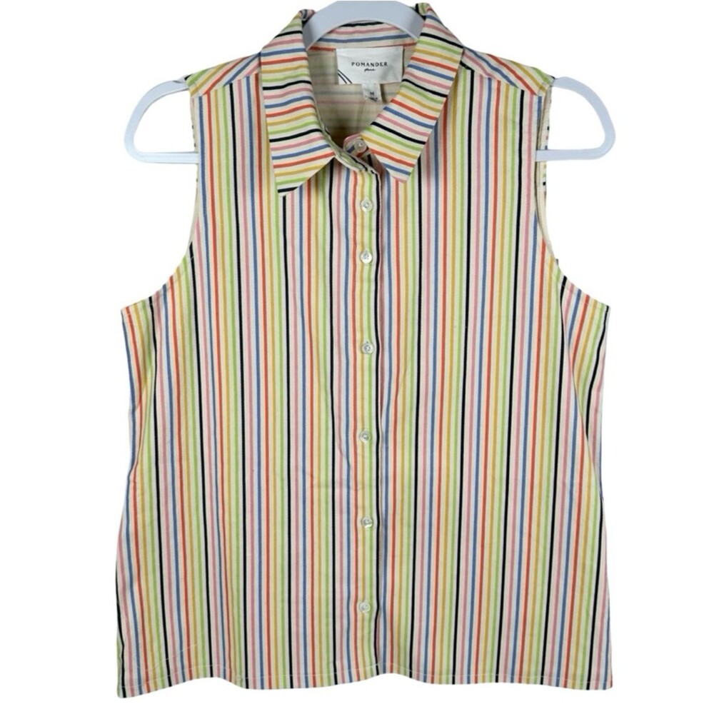 Pomander Place Rainbow Striped Sleeveless Button Up Collared Blouse Size Medium